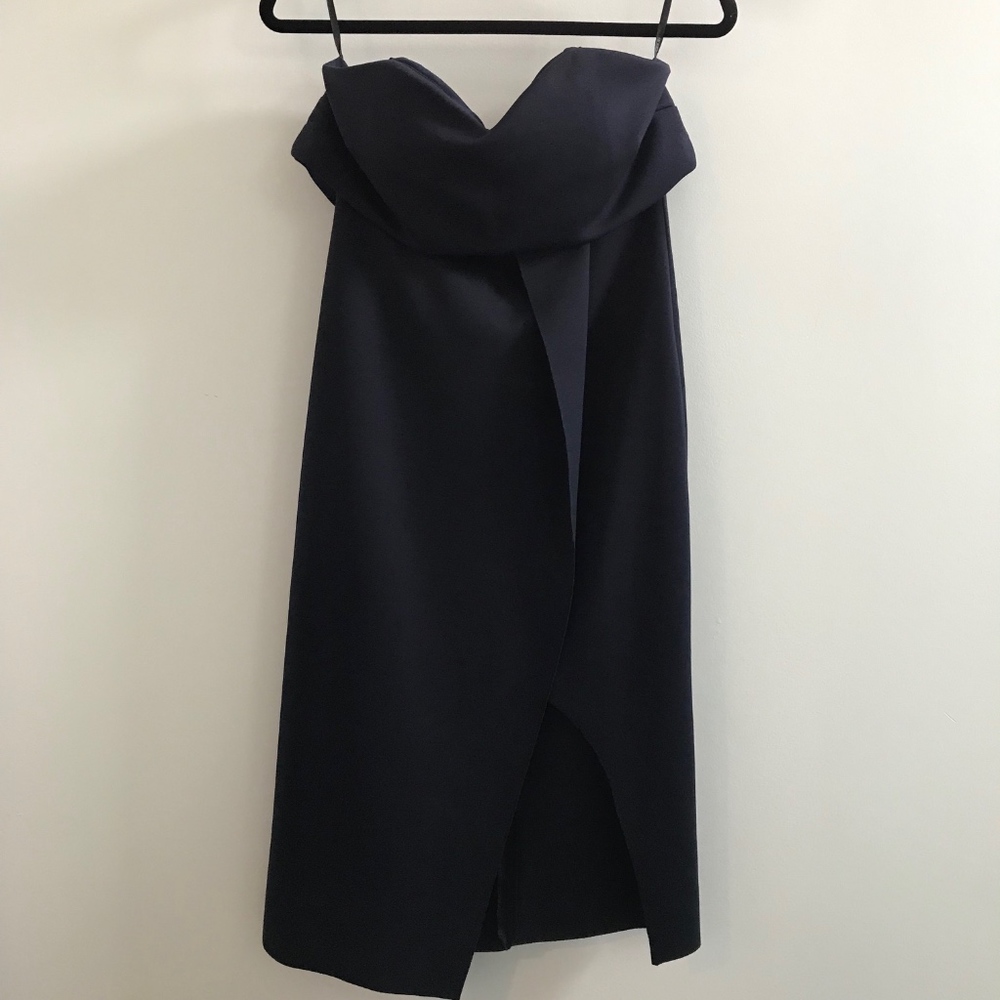 Navy strapless cocktail dress